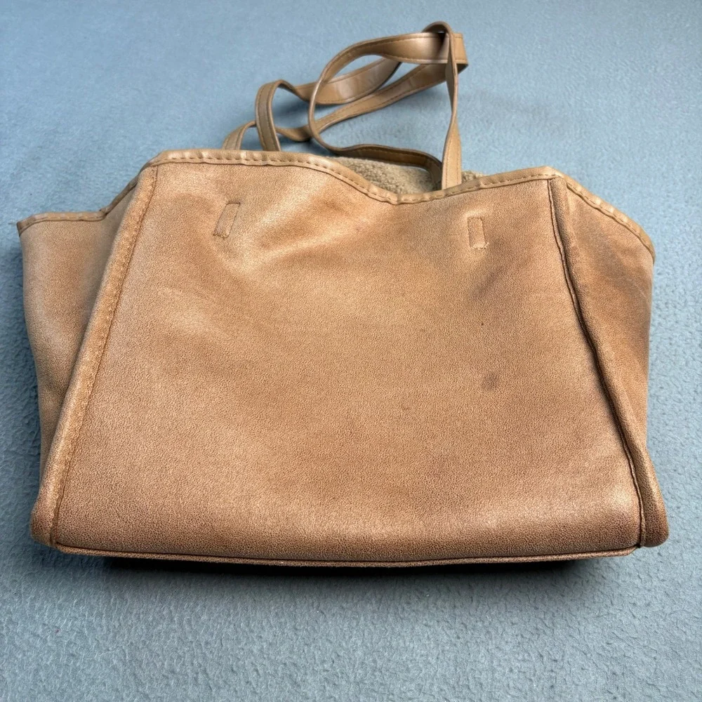 Neiman Marcus Faux Shearling Sherpa Tote Bag Camel Tan Brown Shoulder Bag